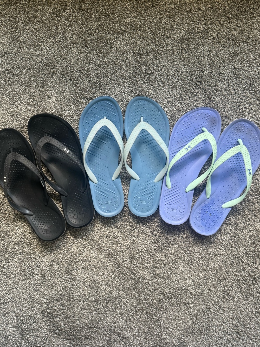 Under Armour Women’s Black, Light Blue, and Lavender Flip Flop Sandals